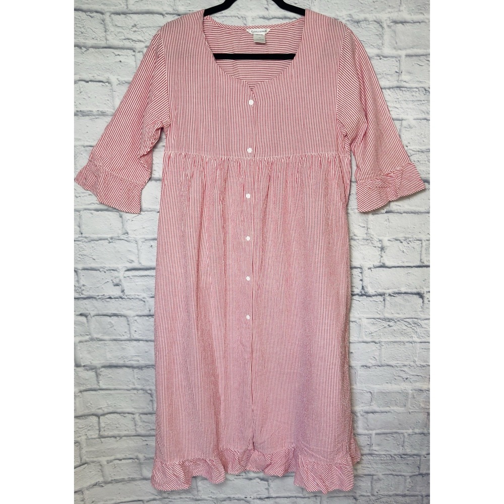Cuddledown Kera Seersucker Robe‎ Medium Red White Striped Snap Button Nightgown